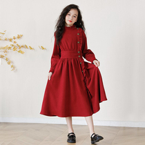 女童连衣裙秋冬装过年法式民族风红色礼服长裙中大童新年加绒裙子