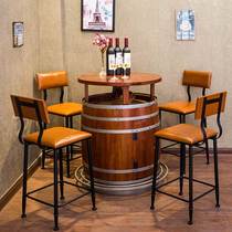 酒吧实木酒桶桌子做旧咖啡厅展厅圆桶桌铁艺皮革靠背椅子吧台桌椅