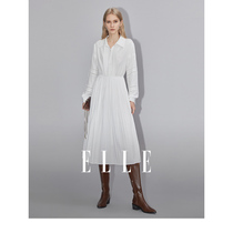 ELLE白色法式设计感翻领镂空连衣裙女2024春装新款高端轻奢裙子