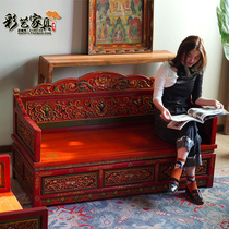 藏式家具实木雕花沙发床藏族彩绘罗汉床民宿客栈家具做旧手绘床榻