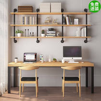 淘心意台式电脑桌带架子loft学生实木双人书桌书架组合家用写字台