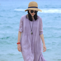 细腻100支苎麻香芋紫色连衣裙高端气质风琴褶夏天仙女裙 双层不透