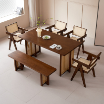 日式实木餐桌藤编长方形饭桌家用小户型桌子民宿诧寂风餐桌椅组合