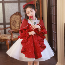 儿童礼服女童高端红色生日公主裙冬季小女孩主持人长袖钢琴演出服