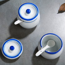 景德镇创意陶瓷糖罐复古简约蓝边调味罐盐罐三件套装厨房餐厅用品