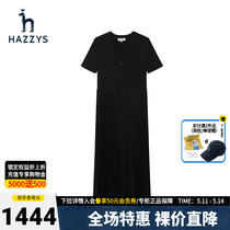 【商场同款】Hazzys哈吉斯官方夏季黑色V领短袖连衣裙百褶长裙女