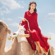 云南丽江民族风大红色连衣裙子夏季草原沙漠旅游度假拍照长裙超仙