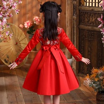 女童旗袍拜年服儿童礼服公主裙中式古筝演出服风加绒秋款红色