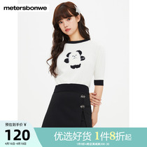 美特斯邦威短袖女2024夏季女装新款甜美学院修身熊猫印花短款上衣
