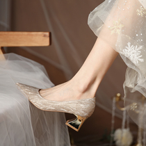 婚鞋秀禾主婚纱两穿2023年新款新娘粗跟孕妇香槟色高跟鞋女不累脚
