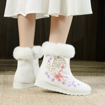 冬季新款加绒民族风布鞋女士平底汉服靴子古风靴古装中筒毛口棉靴