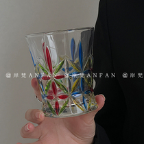 岸梵*手绘玻璃杯彩色花纹高颜值水杯ins风设计感小众威士忌酒杯