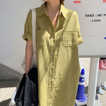 韩国chic夏季简约小众翻领单排扣口袋宽松纯色短袖衬衫式连衣裙女