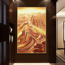 办公室挂画龙抬头金色万里长城油画手绘客厅走廊中式玄关画竖版的