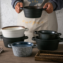 日式陶瓷面碗双耳汤碗沙拉碗创意大号汤盆复古不烫手汤锅麻辣烫碗