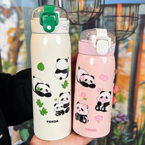 熊猫保温杯儿童上学专用304不锈钢卡通可爱带吸管杯子女新款2024