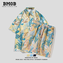 BMOB夏威夷海边度假沙滩套装夏季薄短袖衬衫男宽松休闲五分中裤子