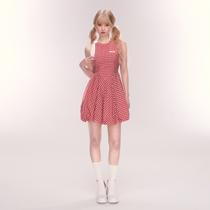QDQD法式红色格子无袖连衣裙女夏季新款气质收腰甜美显瘦花苞裙子