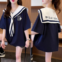 大码女装海军领刺绣短袖T恤女夏季新款韩版宽松百搭设计感上衣潮
