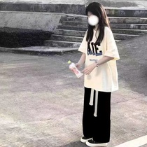 盐系套装女学生小个子百搭短袖T恤夏季韩版显瘦直筒长裤两件套潮