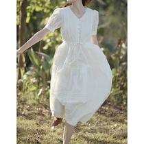 SimpleRetro高支棉蕾丝拼接连衣裙女白色法式V领高腰显瘦仙气长裙