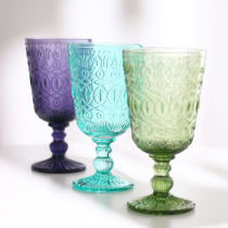 法式中古玻璃杯复古浮雕粉紫色果绿色高脚杯红酒杯家用水杯饮料杯