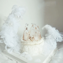 蛋糕装饰摆件月亮船铁艺插件白色花朵纱纱皇冠仙女装扮透明球羽毛