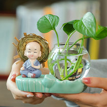 新中式花瓶客厅插花透明玻璃器皿水养植物绿萝水培花器装饰品摆件