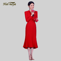 明星同款红色连衣裙高端轻奢气质优雅V领修身长袖年会主持礼服裙