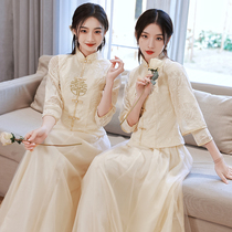 中式伴娘服女2024夏季新款香槟色长袖姐妹团秀禾礼服小个子伴娘裙