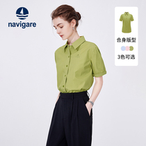 Navigare意大利小帆船夏季新款纯棉短袖女衬衫绿色休闲设计感衬衣