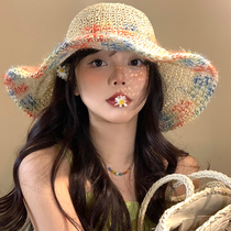 彩色编织草帽女夏季海边度假遮阳防晒帽透气镂空大帽檐显脸小帽子