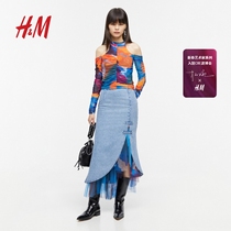 【H&M新春艺术家系列】女装T恤2024夏季新款露肩网纱上衣1218937