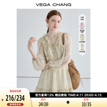 VEGA CHANG法式复古连衣裙女夏季设计感小众小个子度假风印花裙子