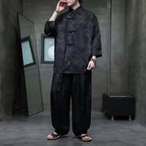 夏季中国风新中式男唐装套装立领盘扣七分袖衬衫百搭休闲裤两件套