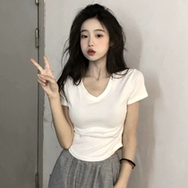 白色纯欲风短袖t恤女2024夏季新款v领韩版性感修身纯棉不规则上衣