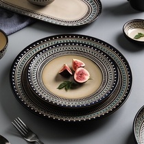 舍里复古陶瓷碗盘家用个性汤碗饭碗盘子西餐盘牛排盘碗碟餐具套装