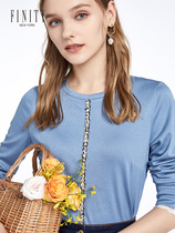 FINITY2021春款女装新款薄款蓝色圆领上衣简约设计感小众女士衬衫