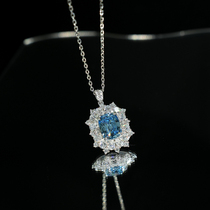 高级感4克拉方形人工蓝宝石项链镶钻浅海蓝宝轻奢彩宝锁骨链纯银