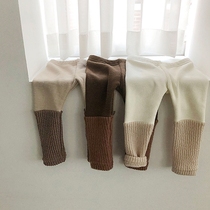 现货韩国幼儿童裤子进口冬季男女宝宝个月纯色螺纹拼接加绒打底裤