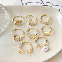 真金电镀包金贝母戒指插珍珠DIY自制小众日常新款戒圈素戒