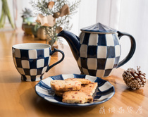 日本进口美浓烧 市松格子复古茶壶茶具红茶马克杯茶杯咖啡杯 送礼