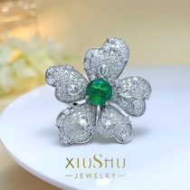 人工祖母绿花朵戒指套装复古奢华个性时尚大高级感爆款925银
