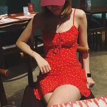 连衣裙长款 系带方领红色波点度假收腰显瘦吊带短裙夏
