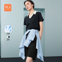 HLA/海澜之家商务通勤短袖Polo2024春夏新款时尚V领凉感女装