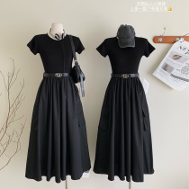 2024夏季新款工装裙子女质感高级感黑色连衣裙收腰显瘦A字长裙潮