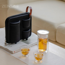 哲品旅行茶具套装双层玻璃功夫一壶两杯家用泡茶杯茶壶月影便携包