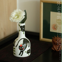 平安猫法式高级黑陶瓷小花瓶手绘可爱猫咪插花瓶乔迁婚房摆件装饰