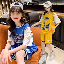 女童篮球服套装儿童假两件女生运动训练服速干球衣大童女孩短袖