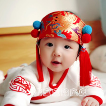 婴儿百天周岁护头囟门发带 中国风夏男女龙宝宝满月红色头饰帽子